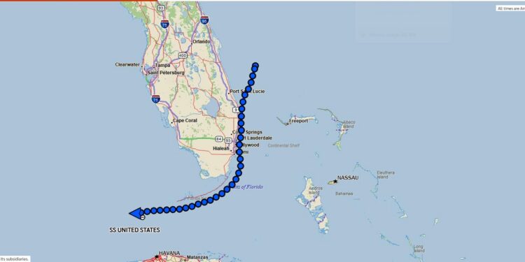 The SS United States was just west of the Florida Keys on Friday as the historic vessel makes its final journey