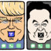 Illustration of 2 phone screens, the left one has Donald Trumps face with the Trurh social app in his mouth and the right has Elon Musk's face with the X app in his mouth.