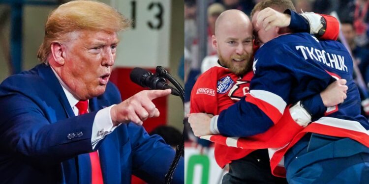 Donald Trump looks on (left). Sam Bennett fighting Brady Tkachuk (right).