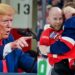 Donald Trump looks on (left). Sam Bennett fighting Brady Tkachuk (right).