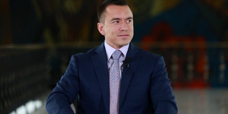 This handout picture released by the Ecuadorian Presidency Press Office shows Ecuador's President Daniel Noboa during an interview with the journalist Marisol Pons (unseen) for a national radio station at the Carondelet Presidential Palace in Quito on February 11, 2025.