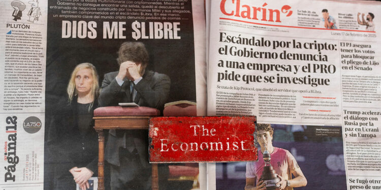 Newspapers are displayed for sale carrying headlines on the cryptocurrency scandal involving President Javier Milei.