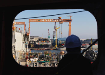 Ships under construction at the HD Hyundai Heavy Industries Company shipyard in Ulsan, South Korea