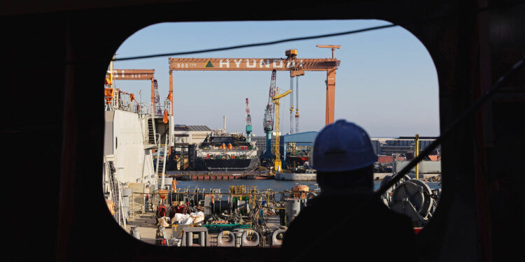 Ships under construction at the HD Hyundai Heavy Industries Company shipyard in Ulsan, South Korea