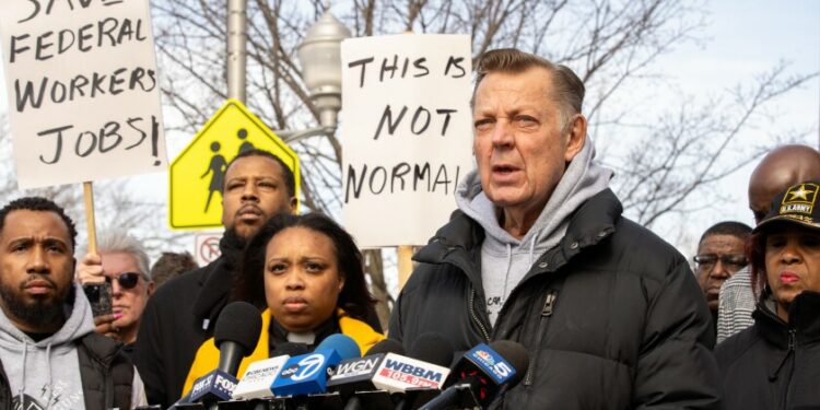 Rev. Michael Pfleger, senior pastor at St. Sabina Church, speaks outside of St. Sabina Church at 1210 W. 78th Pl., on Monday, Feb. 24, 2025.