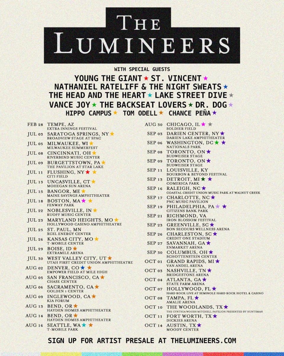 The Lumineers 2025 Tour Automatic Tour North American Tour Admat Poster St. Vincent Young the Giant Nathaniel Rateliff Lake Street Dive Vance Joy