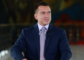 This handout picture released by the Ecuadorian Presidency Press Office shows Ecuador's President Daniel Noboa during an interview with the journalist Marisol Pons (unseen) for a national radio station at the Carondelet Presidential Palace in Quito on February 11, 2025.