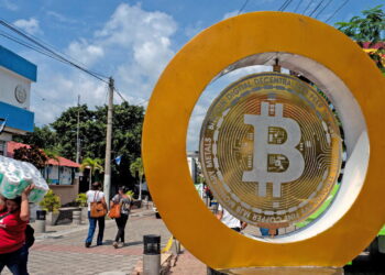 A Bitcoin statue in San Bartolo Plaza in Ilopango, El Salvador
