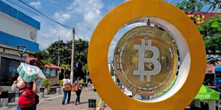 A Bitcoin statue in San Bartolo Plaza in Ilopango, El Salvador